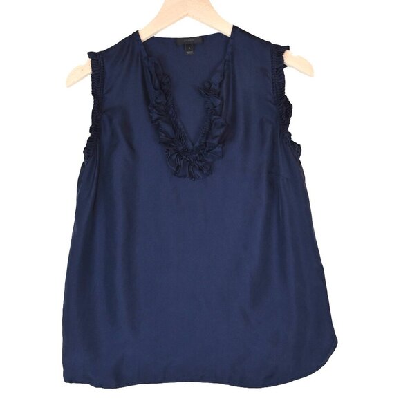 J.Crew Navy Ruffle V-Neck Sleeveless Blouse Size 2 Romantic Silk Preppy Career - Picture 2 of 8
